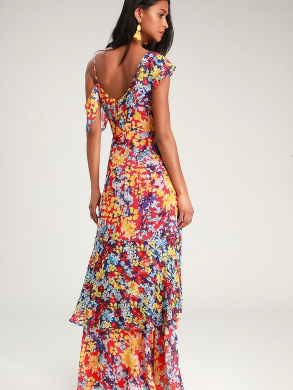 Lulu's Red Multi-Color Floral Cold-Shoulder Wrap Maxi Dress - Picture 3 of 8